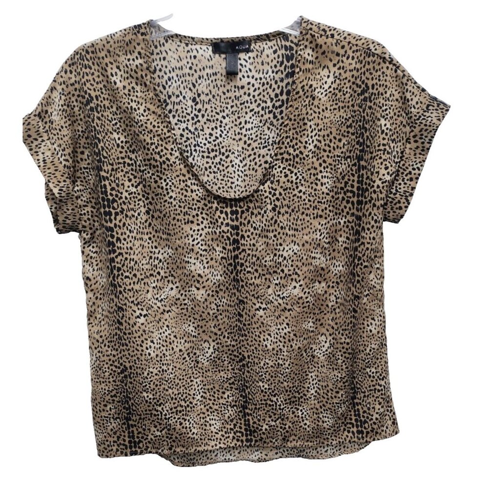 Aqua Womens Animal Print Blouse Top Small Brown Scoop Neck‎ Short Sleeve Casual